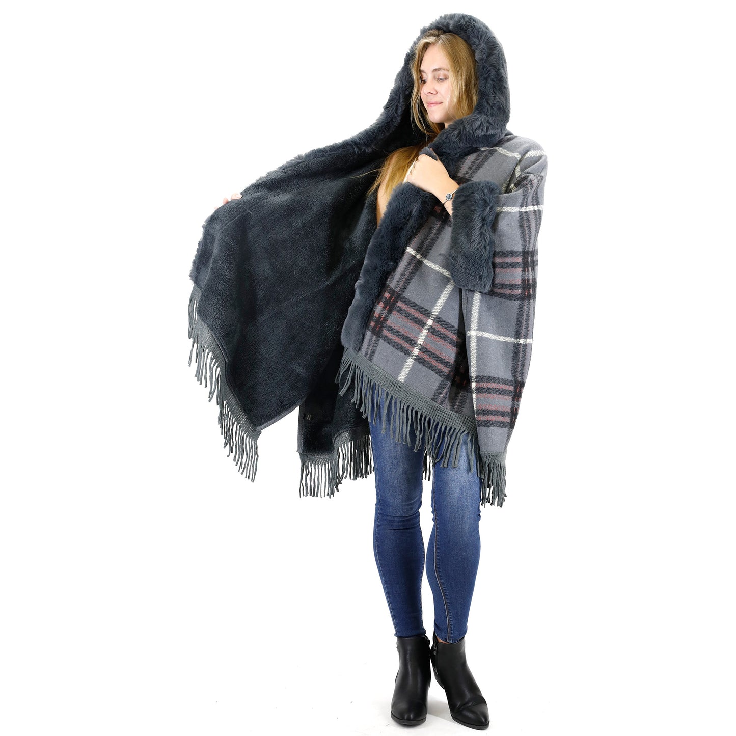 FAUX FUR PLAID PATTERN HOODIE SHAWL P3805