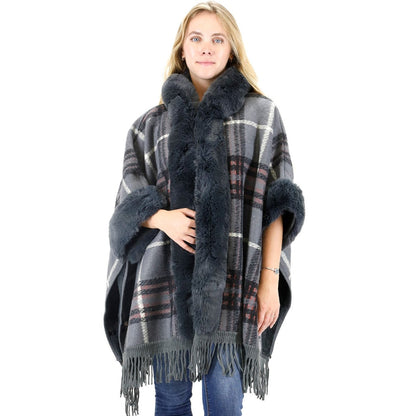 FAUX FUR PLAID PATTERN HOODIE SHAWL P3805 (3PC)