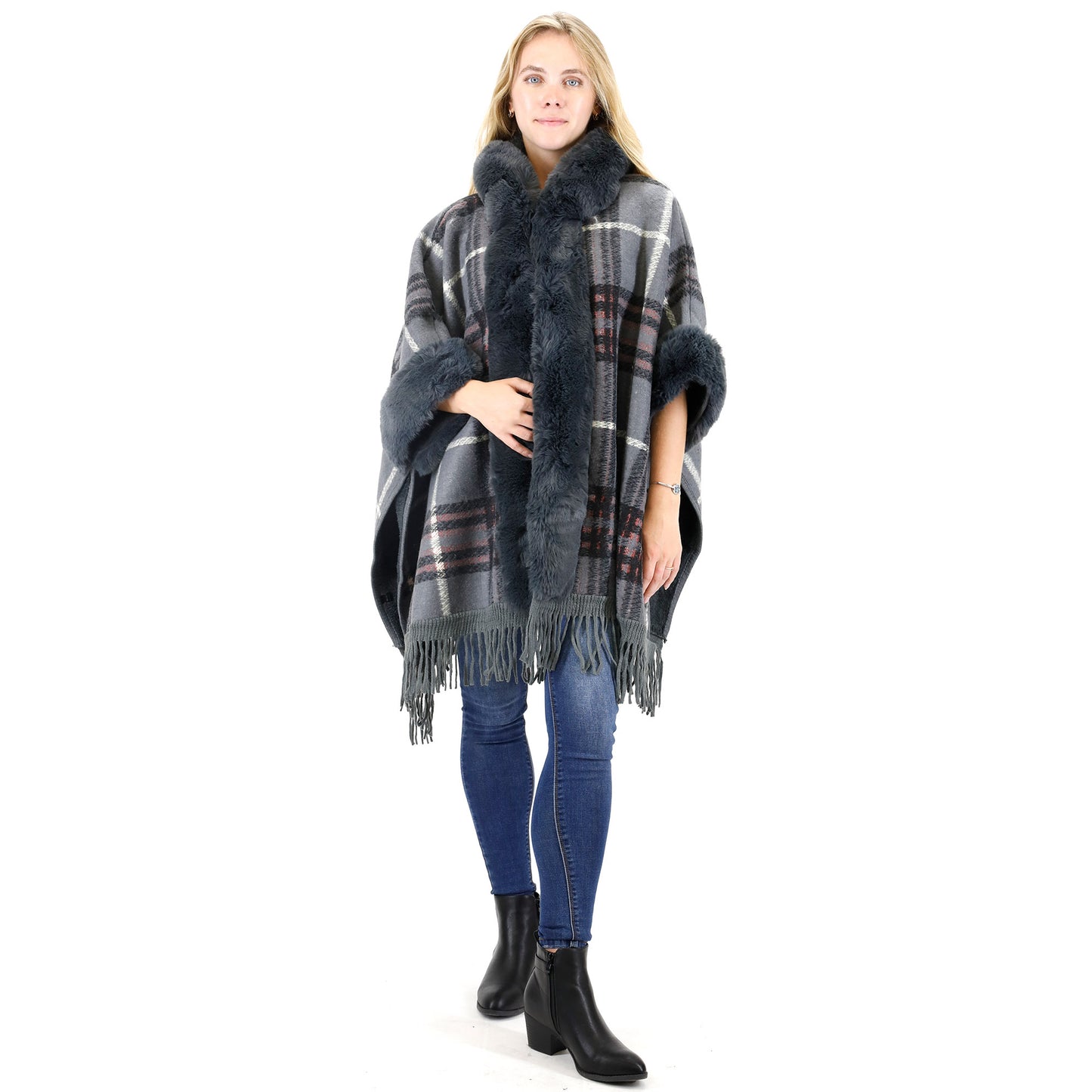 FAUX FUR PLAID PATTERN HOODIE SHAWL P3805