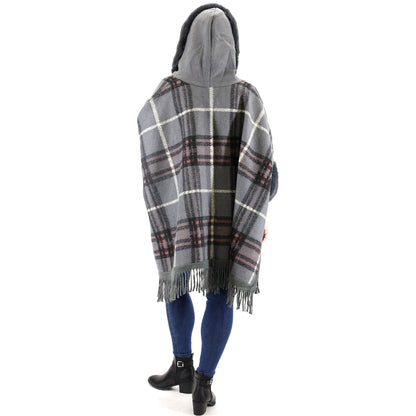 FAUX FUR PLAID PATTERN HOODIE SHAWL P3805