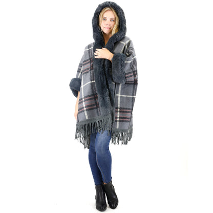 FAUX FUR PLAID PATTERN HOODIE SHAWL P3805