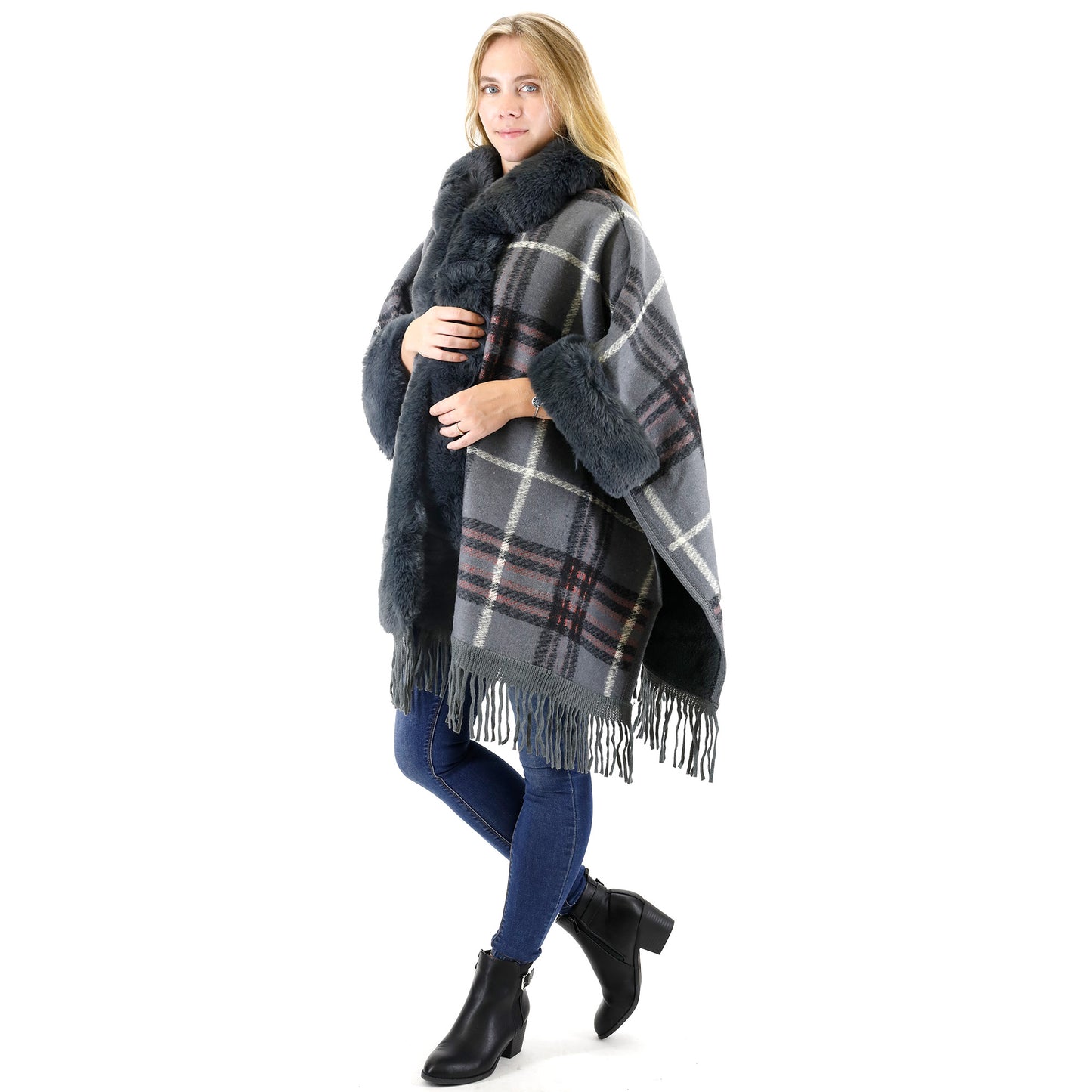 FAUX FUR PLAID PATTERN HOODIE SHAWL P3805