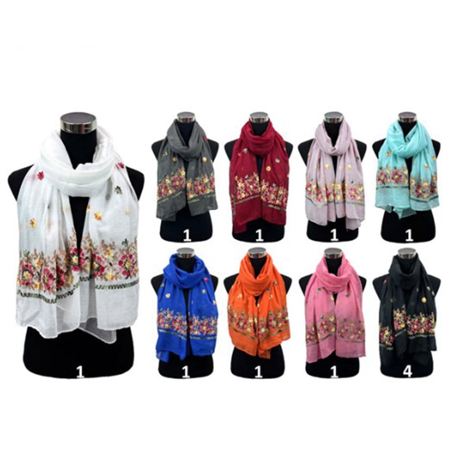 SPRING FLORAL EMBROIDERED SCARVES 1132-59 (12PC)