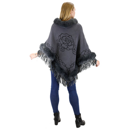 ROSE PATTERN FUR FRINGED PONCHO P196 (12PC)