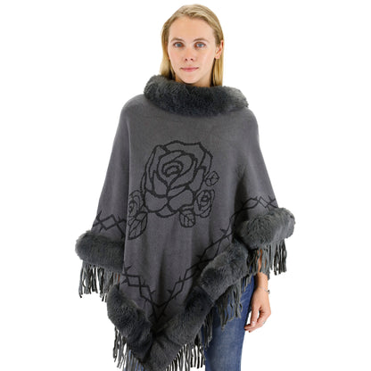 ROSE PATTERN FUR FRINGED PONCHO P196 (12PC)