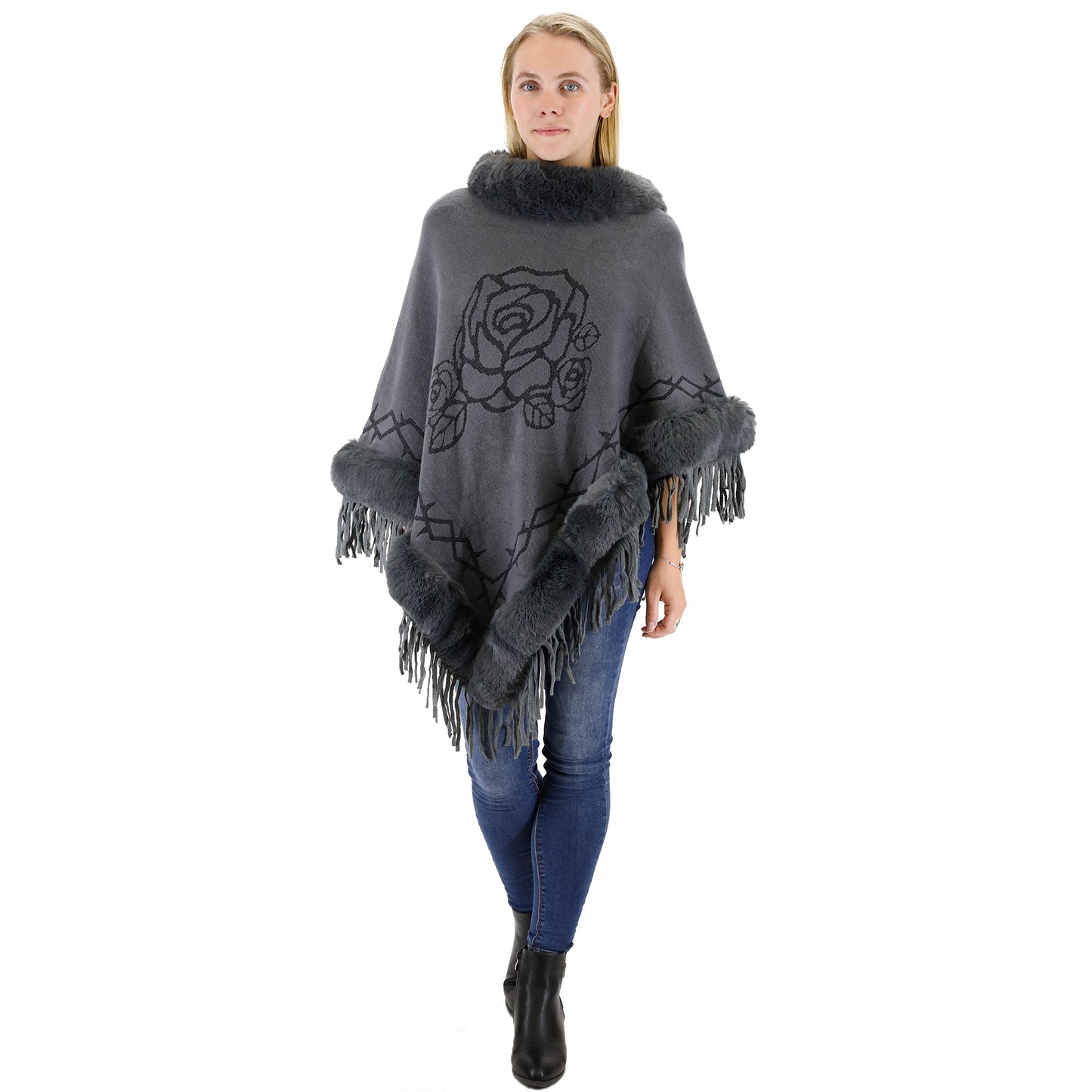 ROSE PATTERN FUR FRINGED PONCHO P196 (12PC)