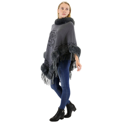 ROSE PATTERN FUR FRINGED PONCHO P196 (12PC)