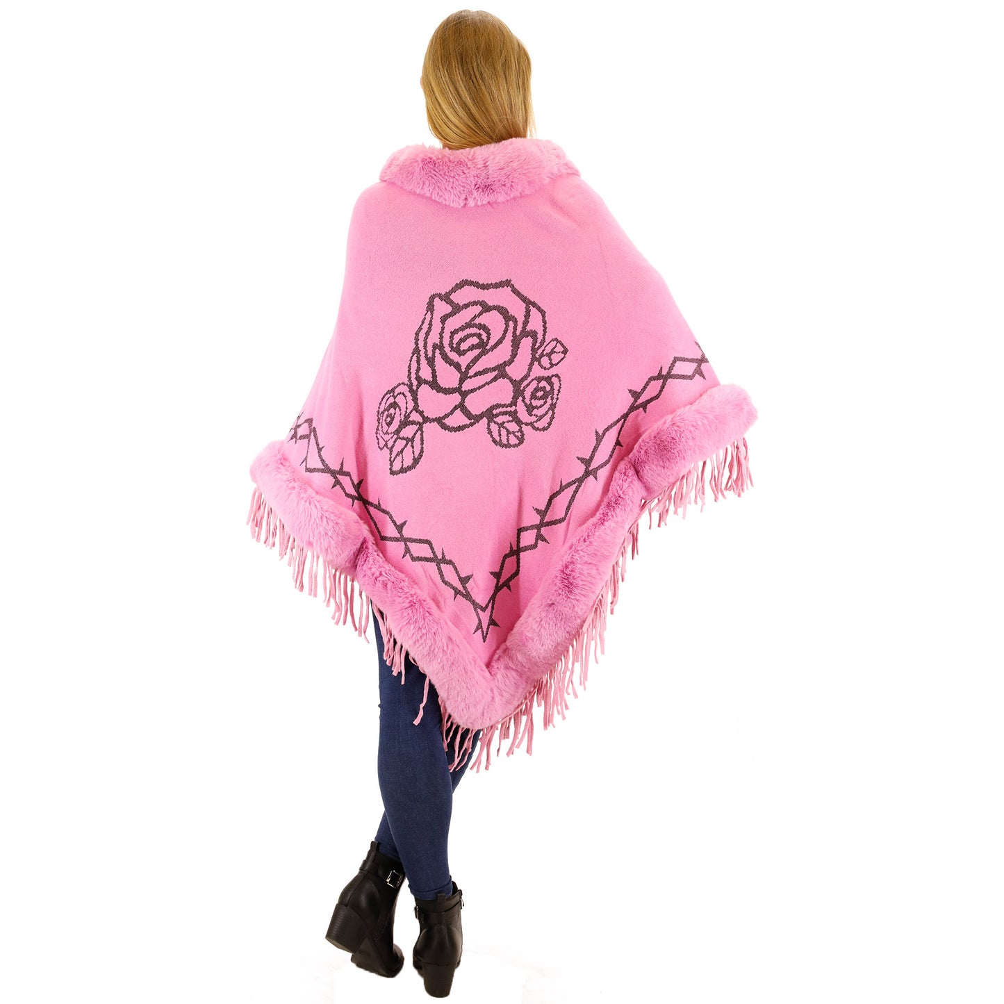 ROSE PATTERN FUR FRINGED PONCHO P196 (12PC)