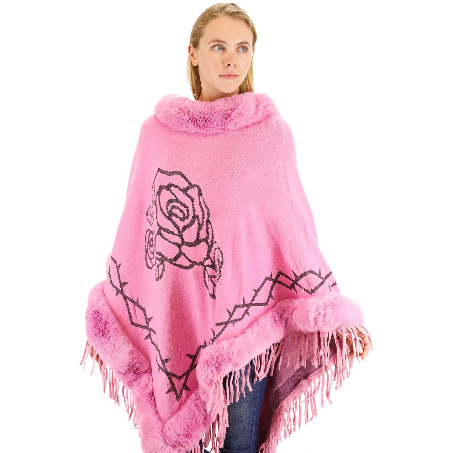 ROSE PATTERN FUR FRINGED PONCHO P196 (12PC)