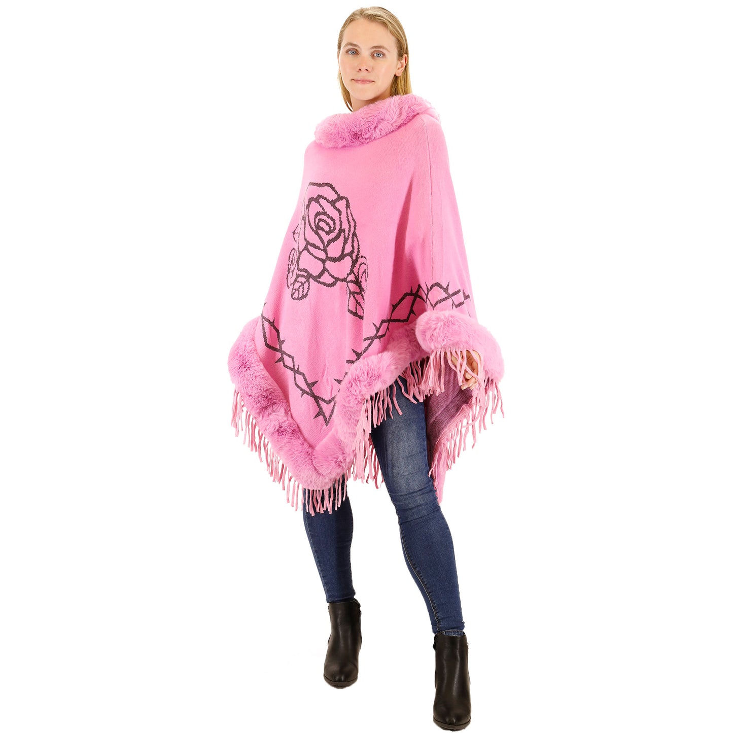 ROSE PATTERN FUR FRINGED PONCHO P196 (12PC)