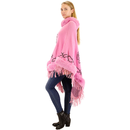 ROSE PATTERN FUR FRINGED PONCHO P196 (12PC)