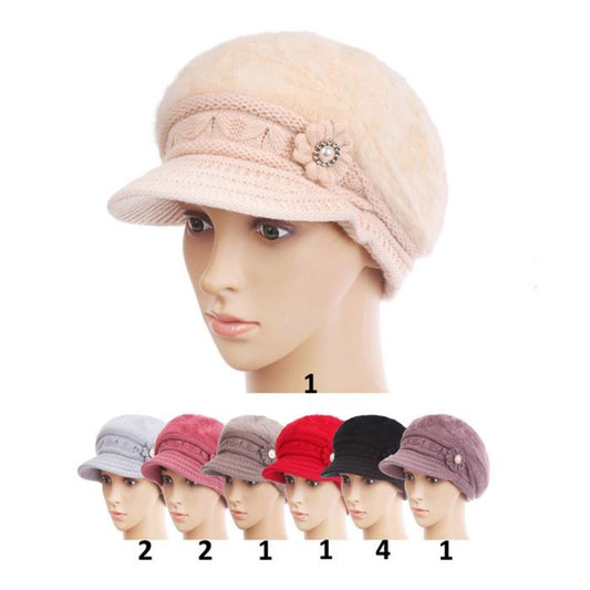 WOMEN'S FUR VISOR PEARL DECOR KNITTED HAT H15-27 (12PC)