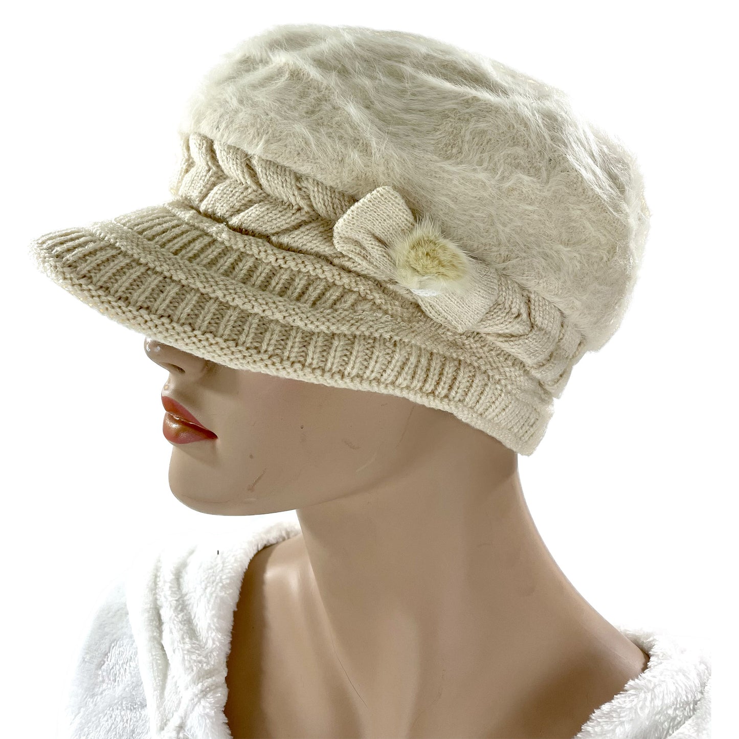 WOMEN'S FUR VISOR RIBBON KNITTED HAT H15-6 (12PC)