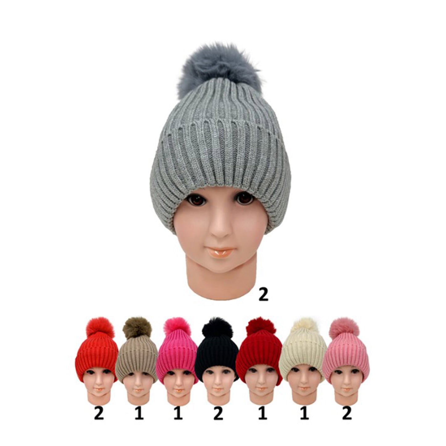 KIDS POM POM KNITTED BEANIE H201-7 (12PC)