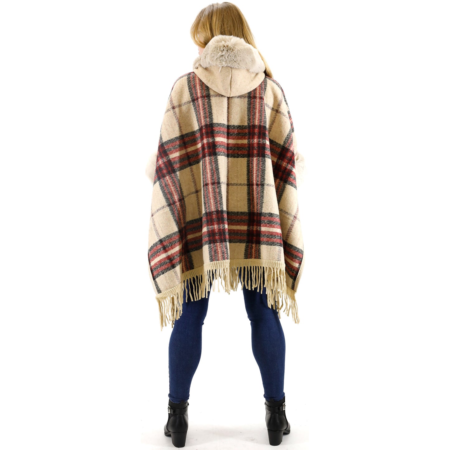 FAUX FUR PLAID PATTERN HOODIE SHAWL P3805