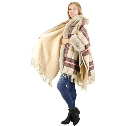 FAUX FUR PLAID PATTERN HOODIE SHAWL P3805