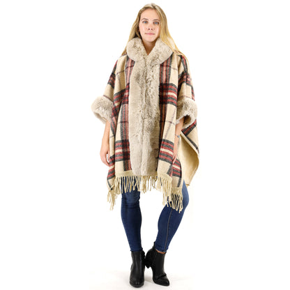 FAUX FUR PLAID PATTERN HOODIE SHAWL P3805