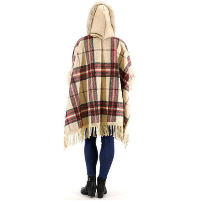 FAUX FUR PLAID PATTERN HOODIE SHAWL P3805