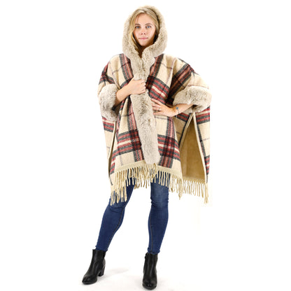 FAUX FUR PLAID PATTERN HOODIE SHAWL P3805