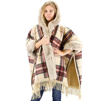 FAUX FUR PLAID PATTERN HOODIE SHAWL P3805 (3PC)