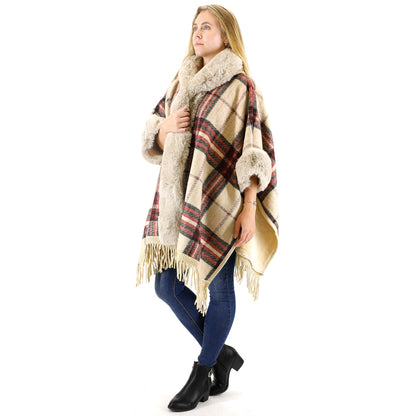 FAUX FUR PLAID PATTERN HOODIE SHAWL P3805