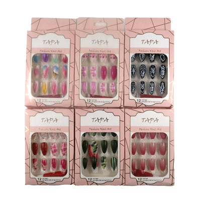 MULTI DESIGN ALMOND FAKE NAIL SET SS1112-40 (12PC)