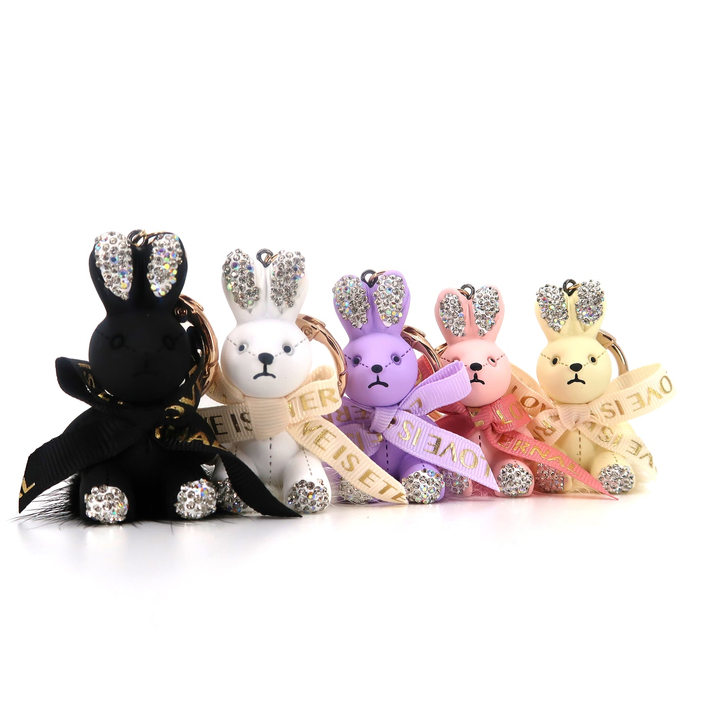 RHINESTONE RIBBON RABBIT KEY CHAIN KC3209-124 (12PC)