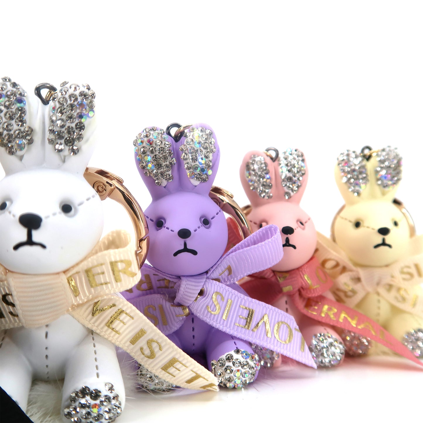 RHINESTONE RIBBON RABBIT KEY CHAIN KC3209-124 (12PC)