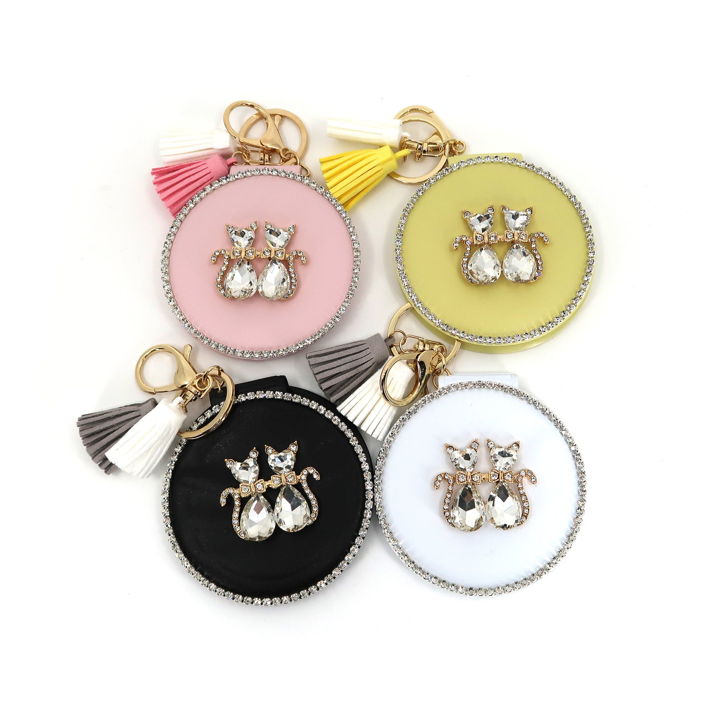 RHINESTONE CAT TASSLE MIRROR KEY CHAIN KC3222-5 (12PC)