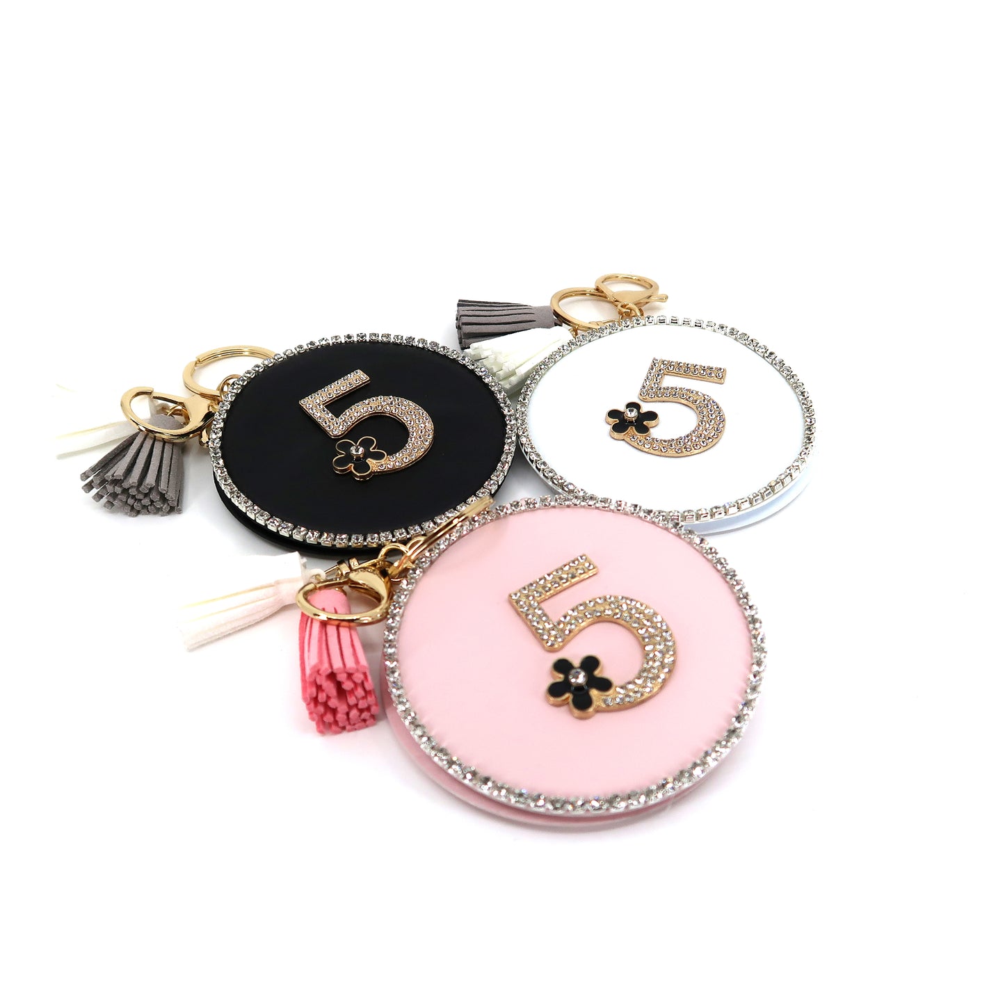 RHINESTONE FIVE TASSLE MIRROR KEY CHAIN KC3222-2 (6PC)