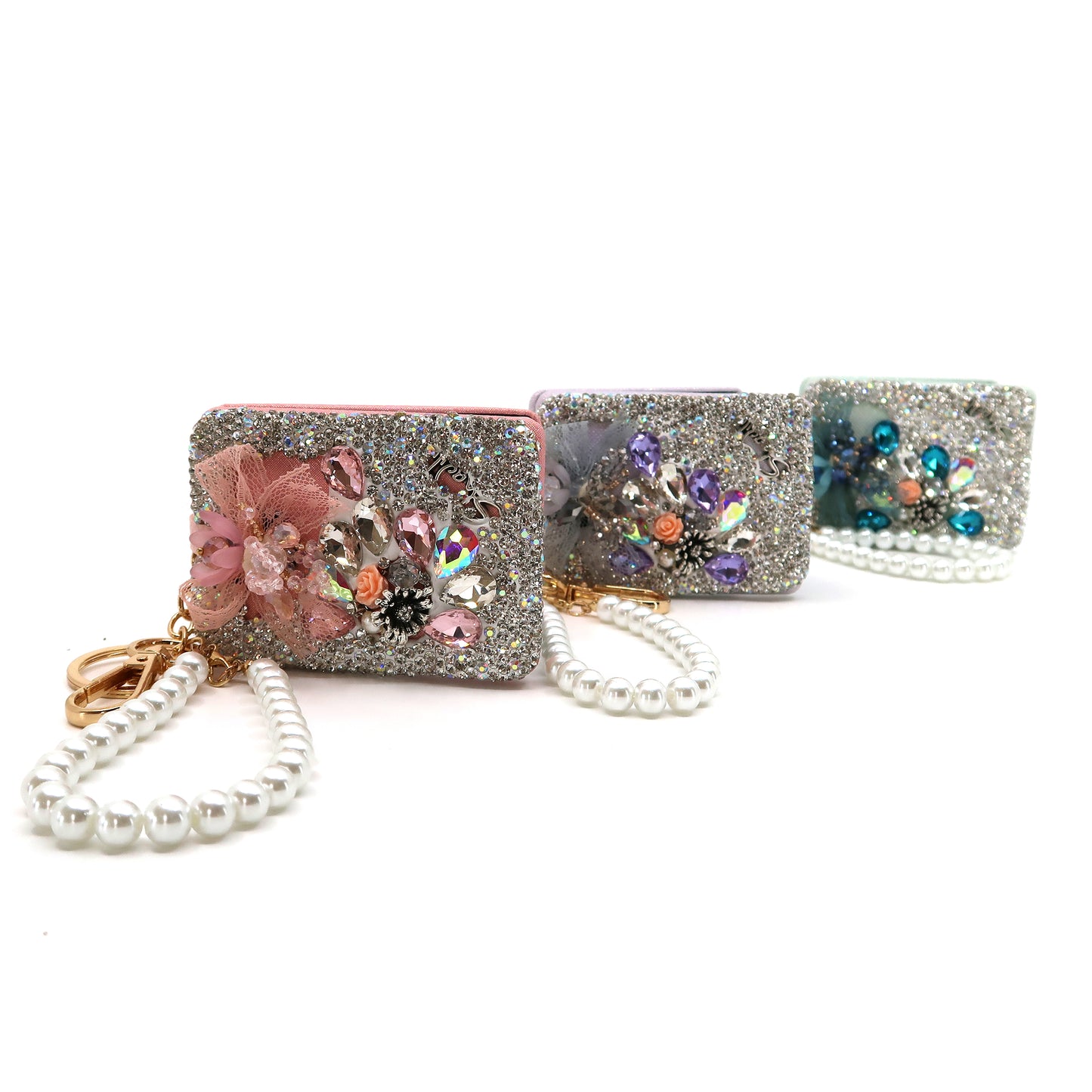 CRYSTAL FLOWER PEARL STRAP MIRROR KEY CHAIN KC3222-45 (12PC)