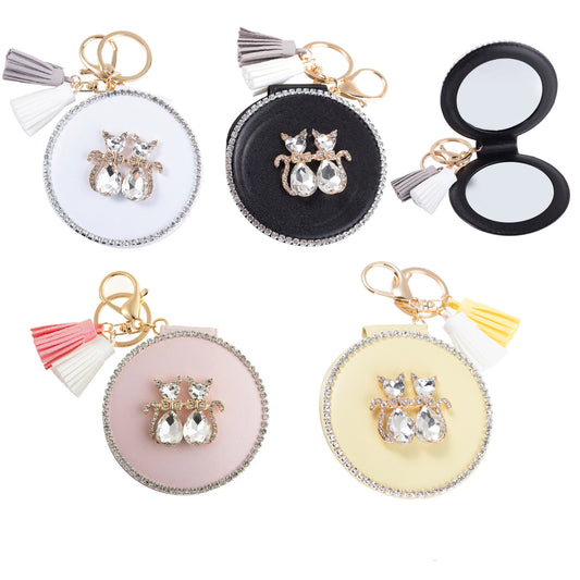 RHINESTONE CAT TASSLE MIRROR KEY CHAIN KC3222-5 (6PC)