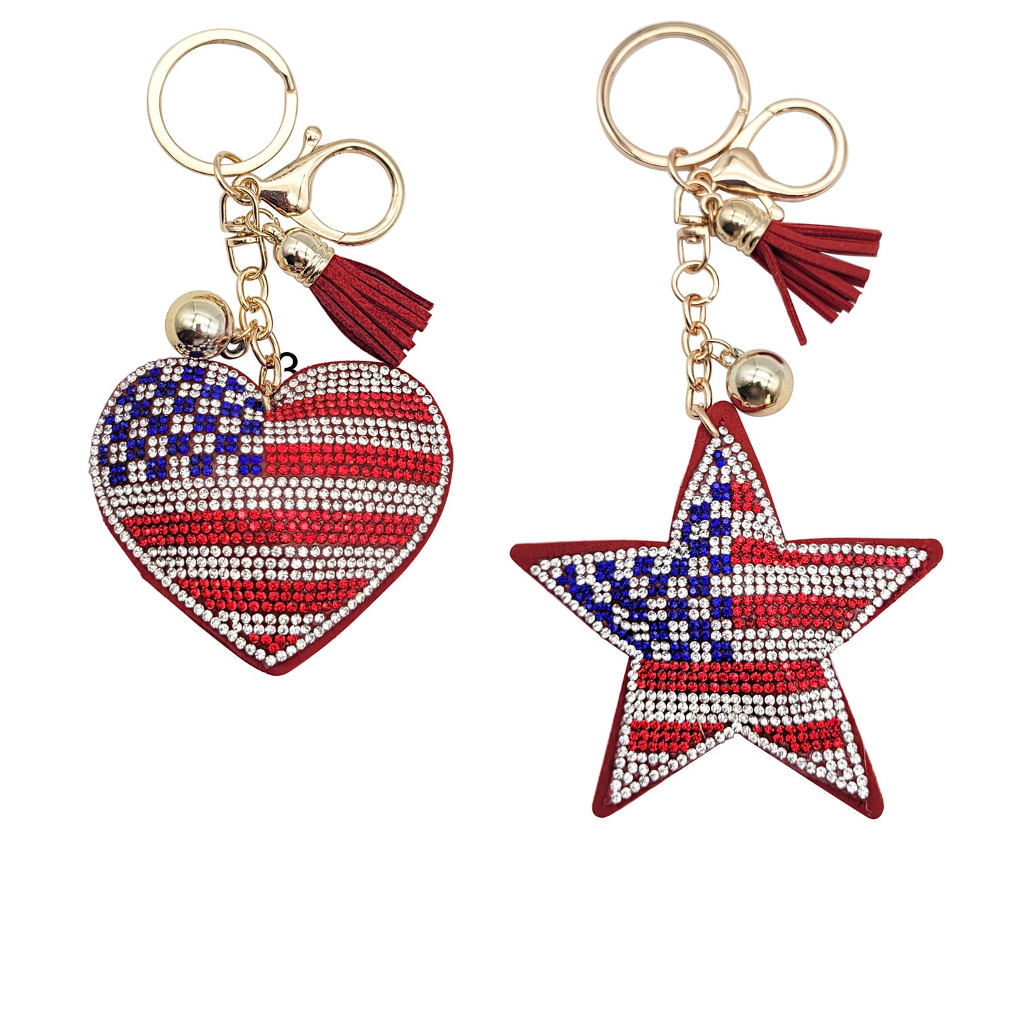 RHINESTONE AMERICA FLAG HEART N STAR KEY CHAIN KC3426-20 (12PC)