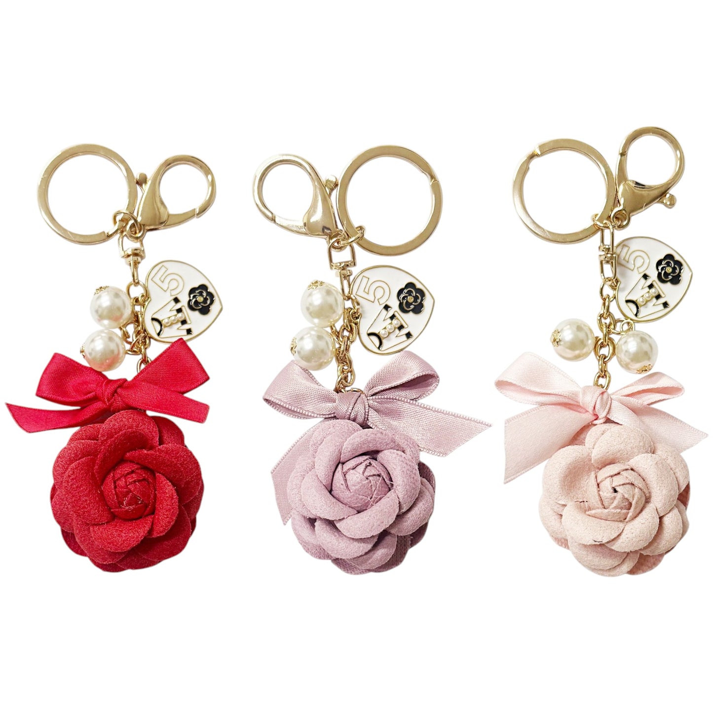 ROSE RIBBON WITH PEARL AND CHARM KEY CHAIN KC41101-30  (12PC)