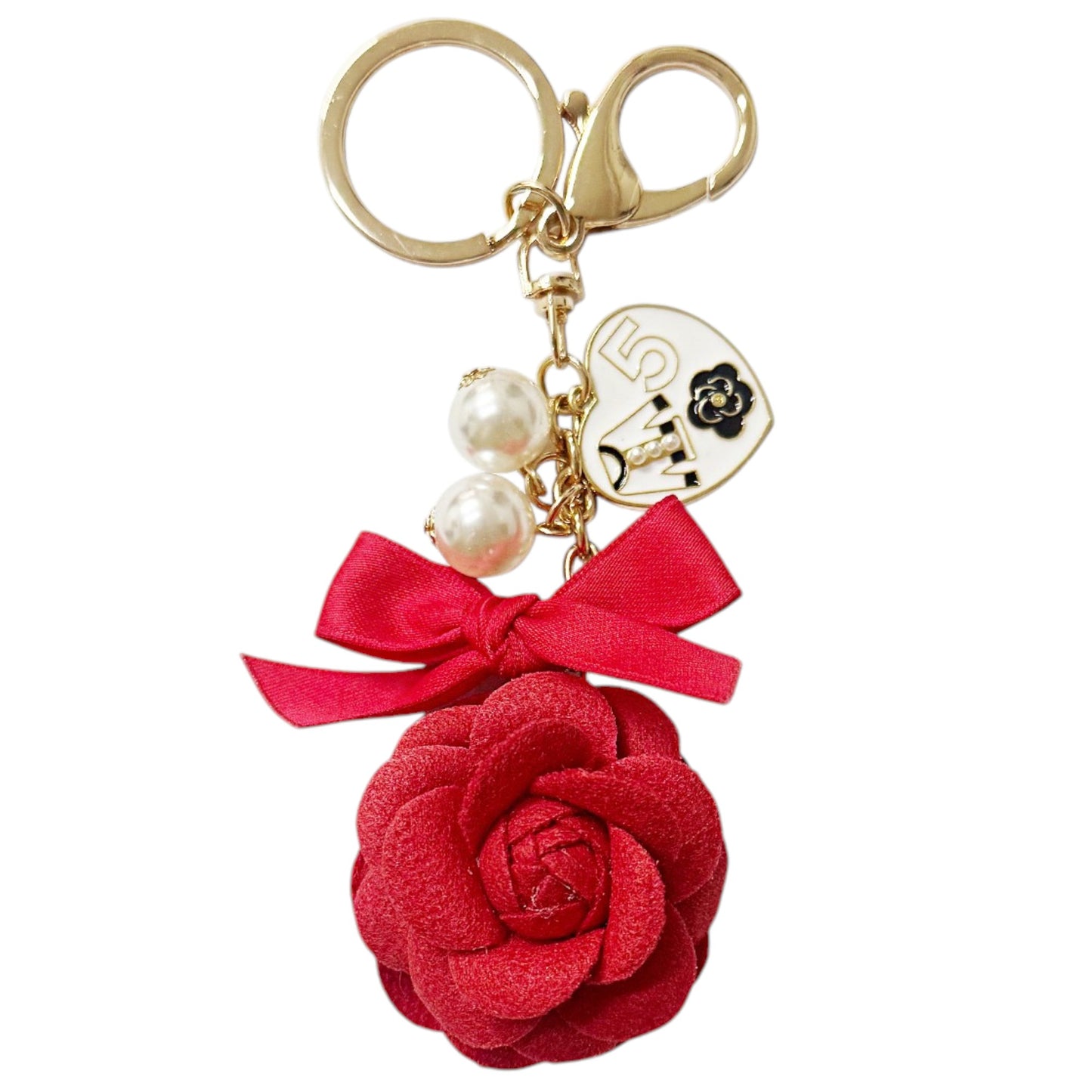 ROSE RIBBON WITH PEARL AND CHARM KEY CHAIN KC41101-30  (12PC)