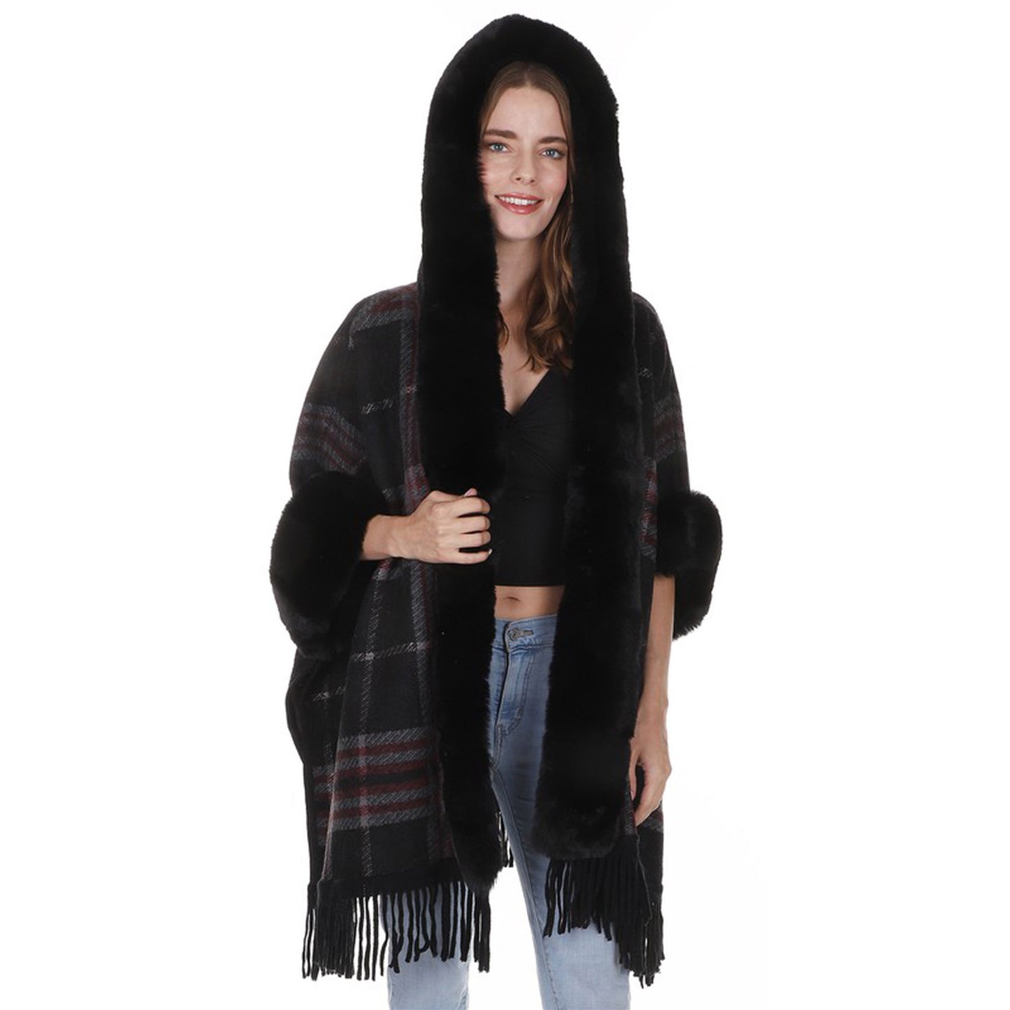 CHECK PATTERN FUR FRINGED SHAWL P177 (6PC)