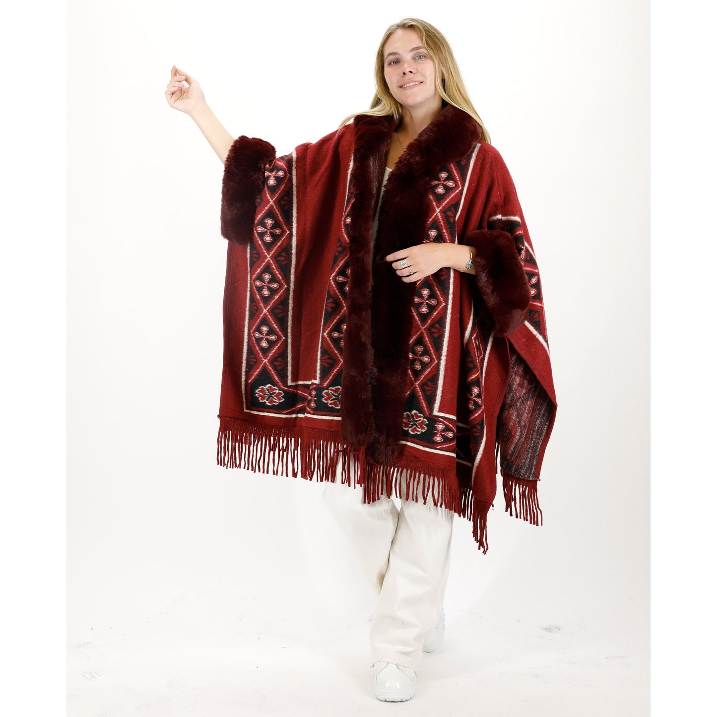 PATTERN FAUX FUR FRINGED HOODIE SHAWL P4033 (6PC)