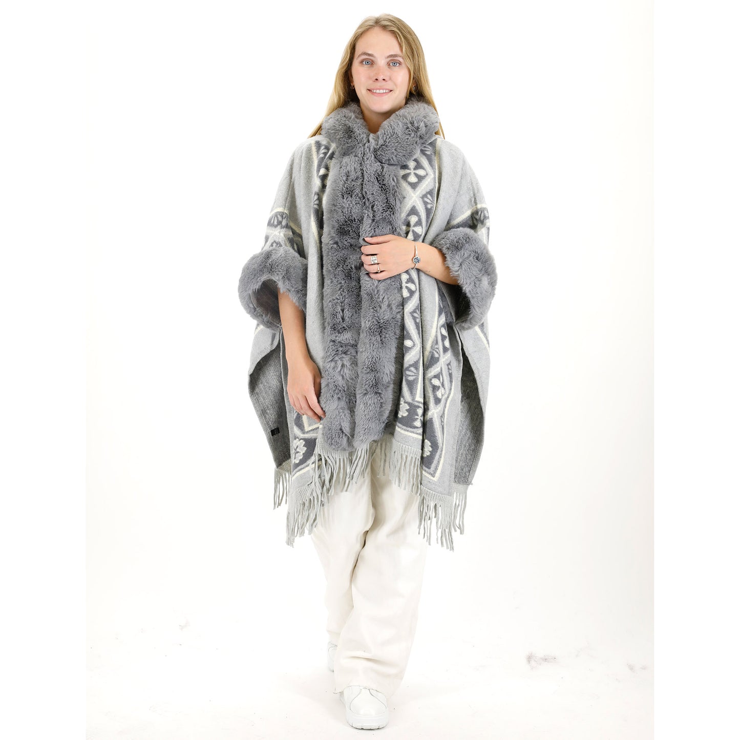 PATTERN FAUX FUR FRINGED HOODIE SHAWL P4033 (6PC)