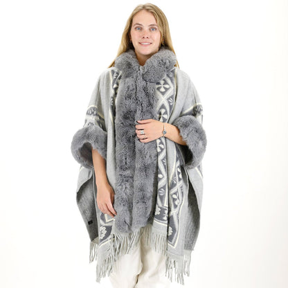 PATTERN FAUX FUR FRINGED HOODIE SHAWL P4033 (6PC)