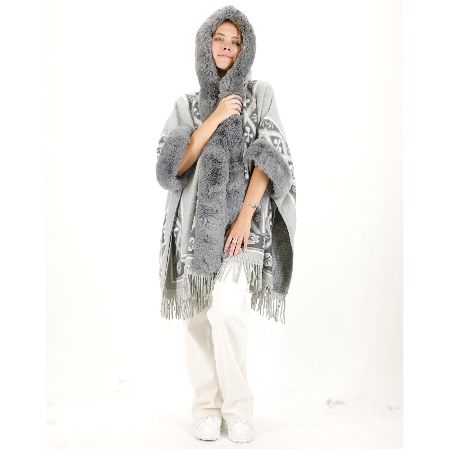 PATTERN FAUX FUR FRINGED HOODIE SHAWL P4033 (6PC)