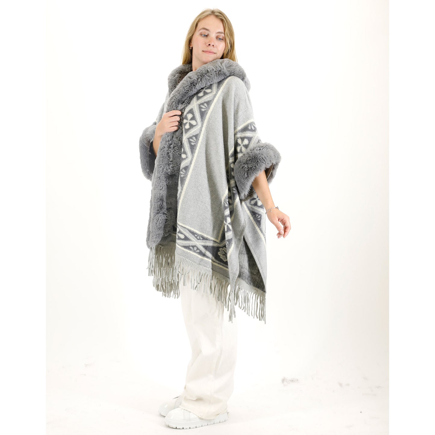 PATTERN FAUX FUR FRINGED HOODIE SHAWL P4033 (6PC)