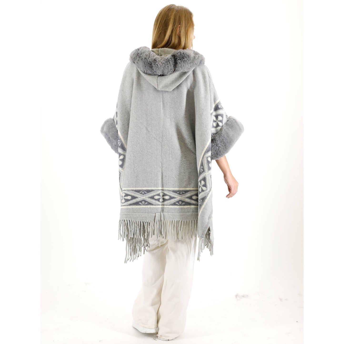 PATTERN FAUX FUR FRINGED HOODIE SHAWL P4033 (6PC)