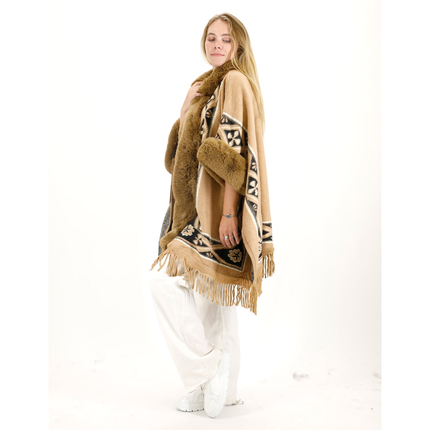 PATTERN FAUX FUR FRINGED HOODIE SHAWL P4033 (6PC)