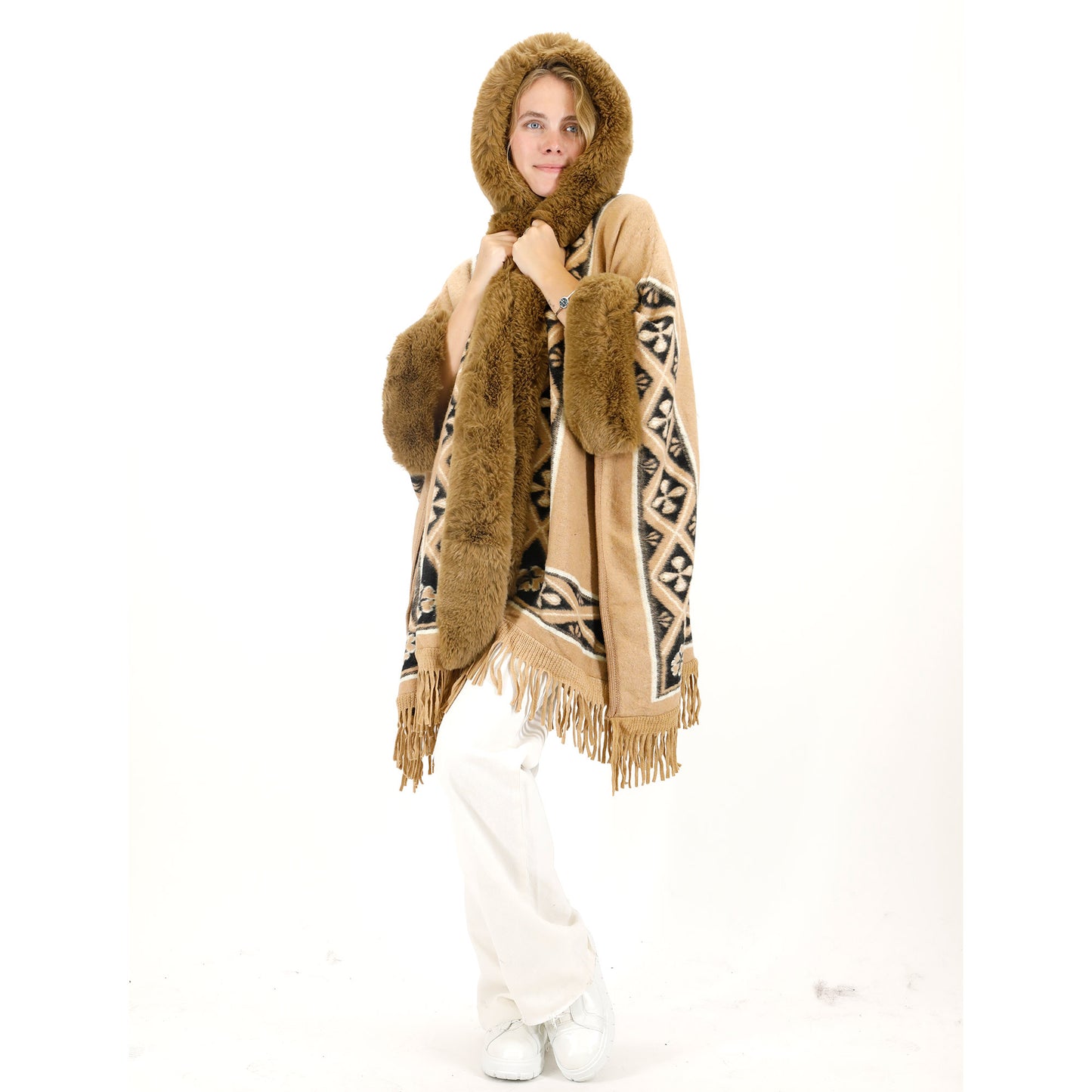 PATTERN FAUX FUR FRINGED HOODIE SHAWL P4033 (6PC)