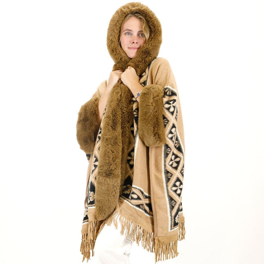 PATTERN FAUX FUR FRINGED HOODIE SHAWL P4033 (6PC)