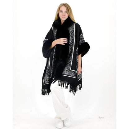 PATTERN FAUX FUR FRINGED HOODIE SHAWL P4033 (6PC)