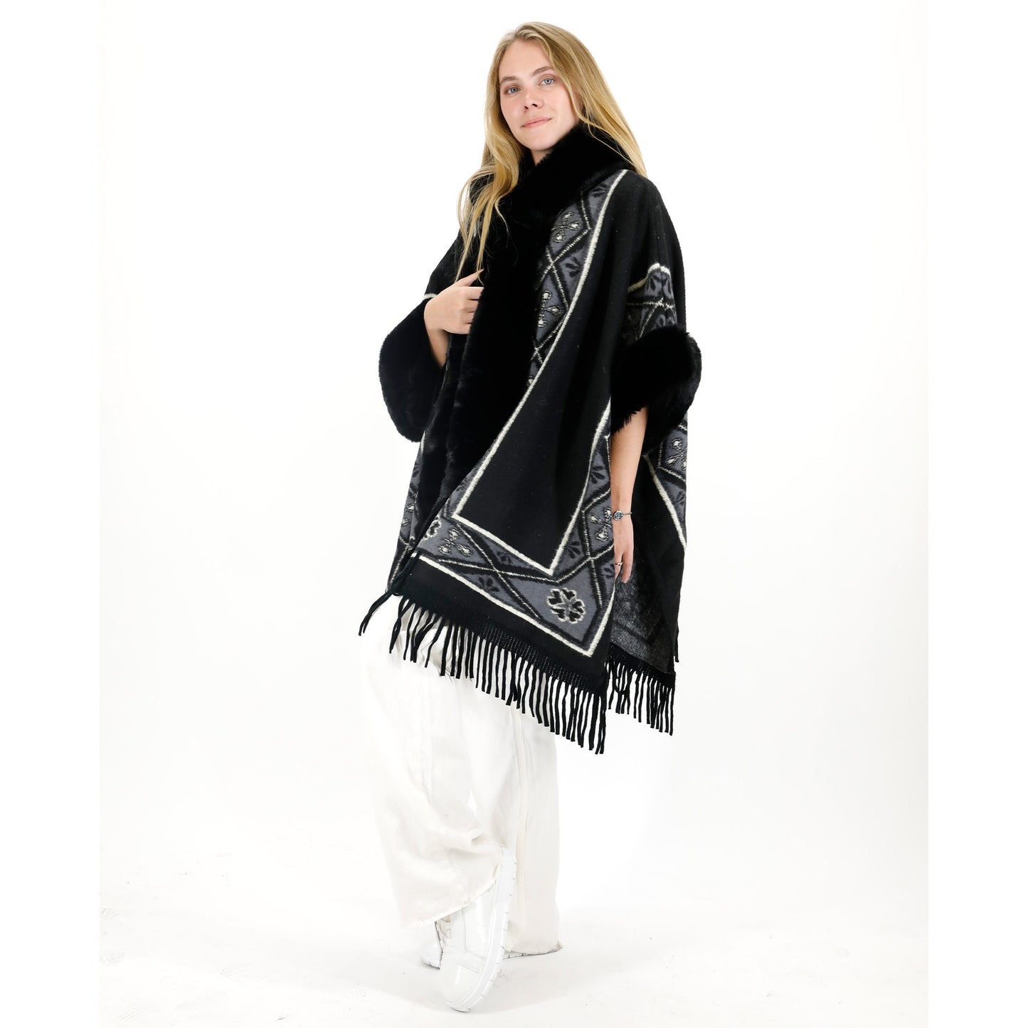 PATTERN FAUX FUR FRINGED HOODIE SHAWL P4033 (6PC)