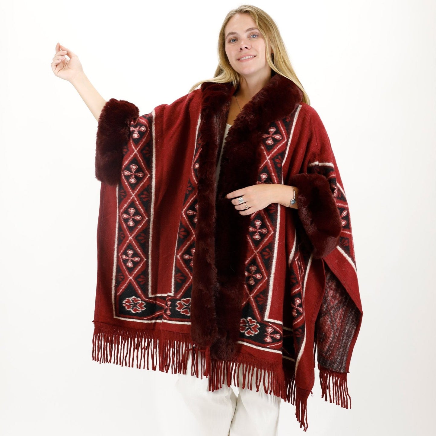 PATTERN FAUX FUR FRINGED HOODIE SHAWL P4033 (6PC)