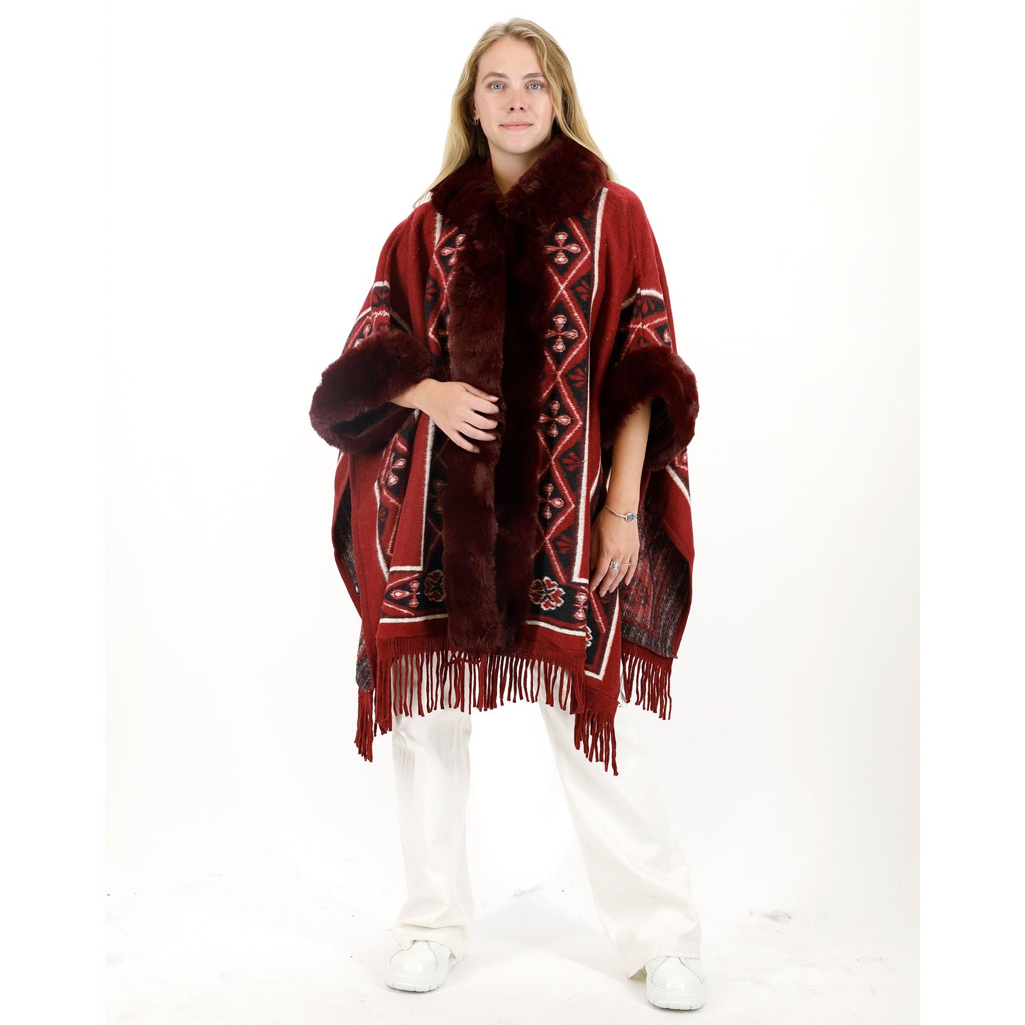 PATTERN FAUX FUR FRINGED HOODIE SHAWL P4033 (6PC)