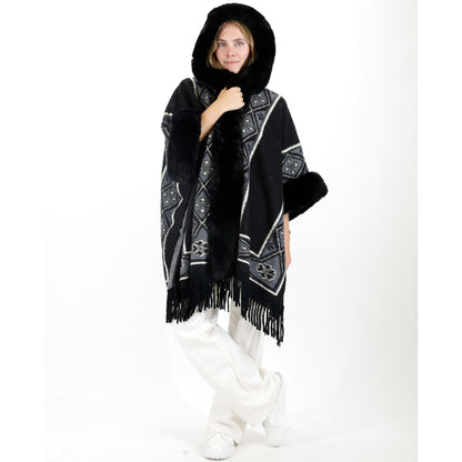 PATTERN FAUX FUR FRINGED HOODIE SHAWL P4033 (6PC)